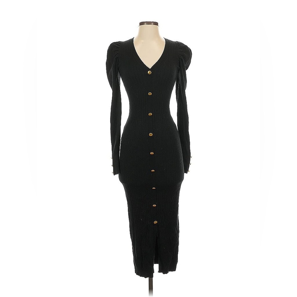 NWT Express Black Ribbed Puff Sleeve Knit Gold Button Sweater Dress XS